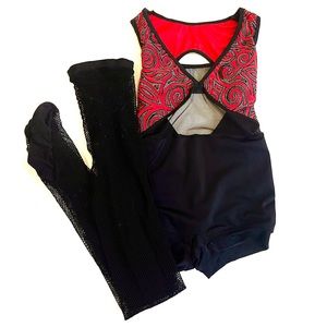 Red and black jazz dance costume with fishnet tights